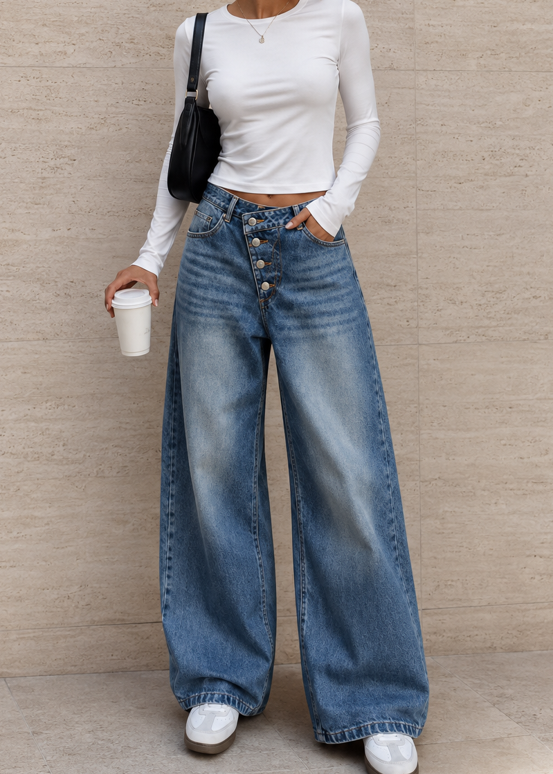 High-Waist Wide-Leg Jeans mit Knopfleiste