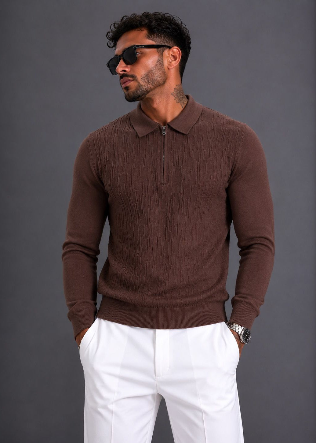 Strickpolo mit Strukturmuster und Zip