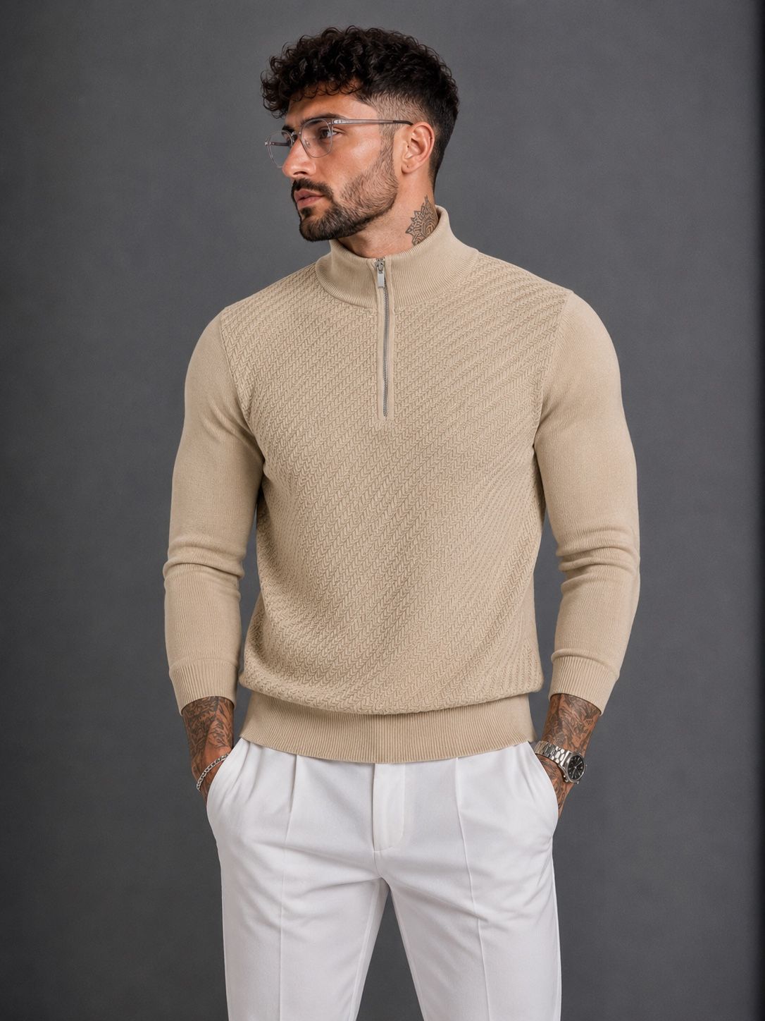 Struktur-Strickpullover mit Half-Zip