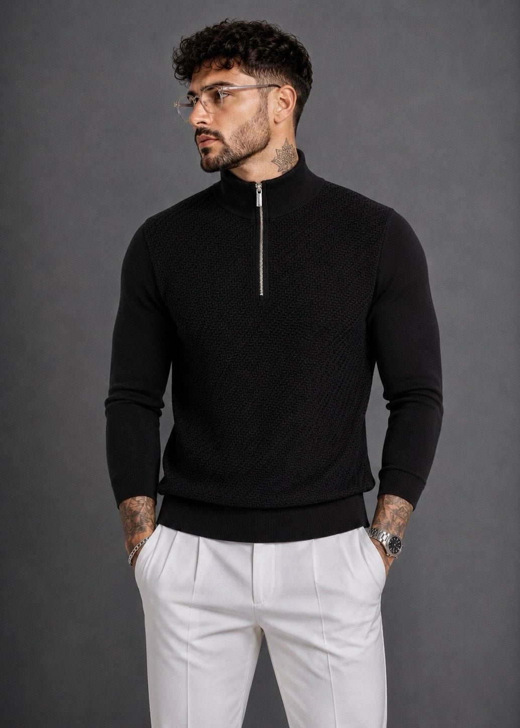 Struktur-Strickpullover mit Half-Zip