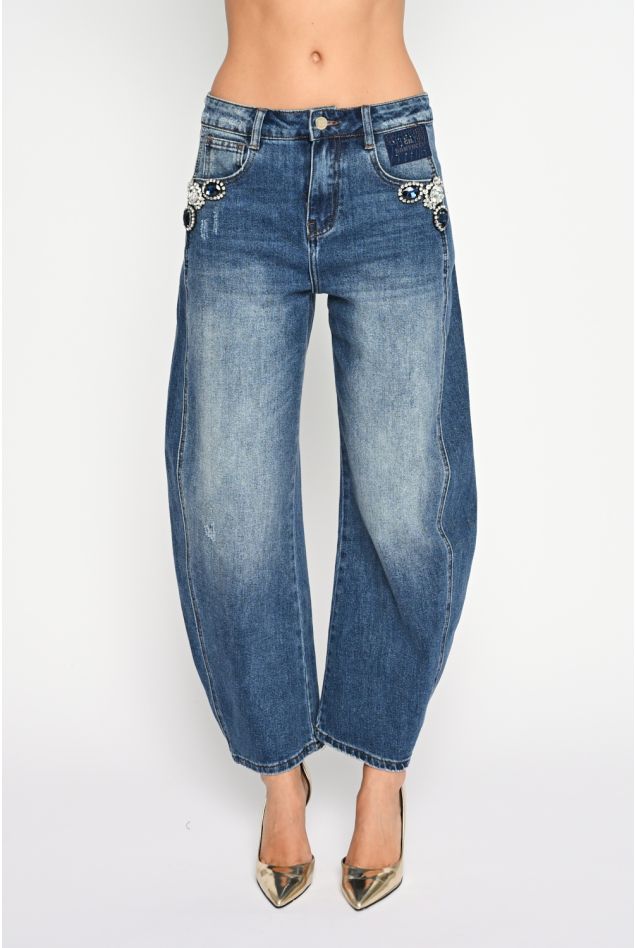 Wide-Leg Jeans mit funkelnden Strass-Details