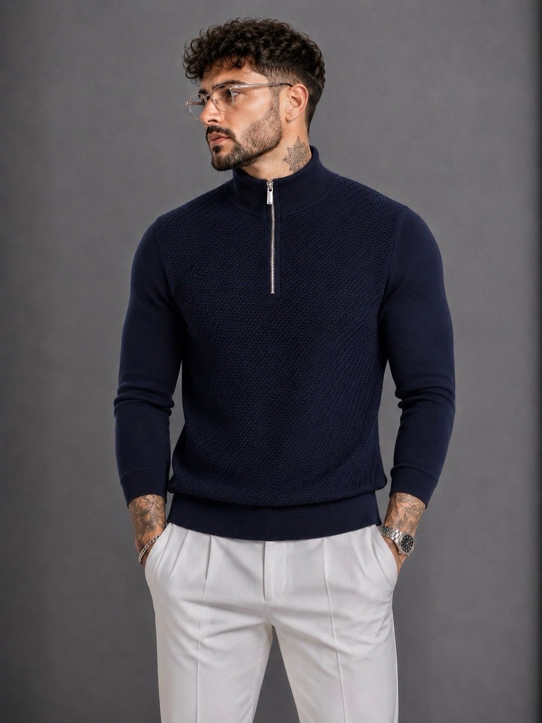Struktur-Strickpullover mit Half-Zip