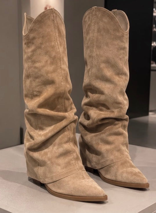Khaki Kniehohe Stiefel in Veloursoptik