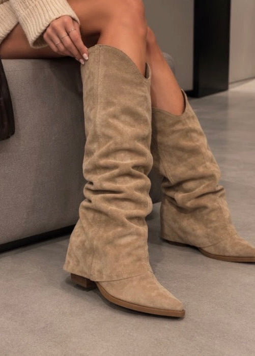 Khaki Kniehohe Stiefel in Veloursoptik